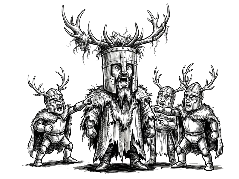 Vier Ritter mit Geweihen auf den Helmen, der vorderste brüllt, die anderen zeigen anklagend