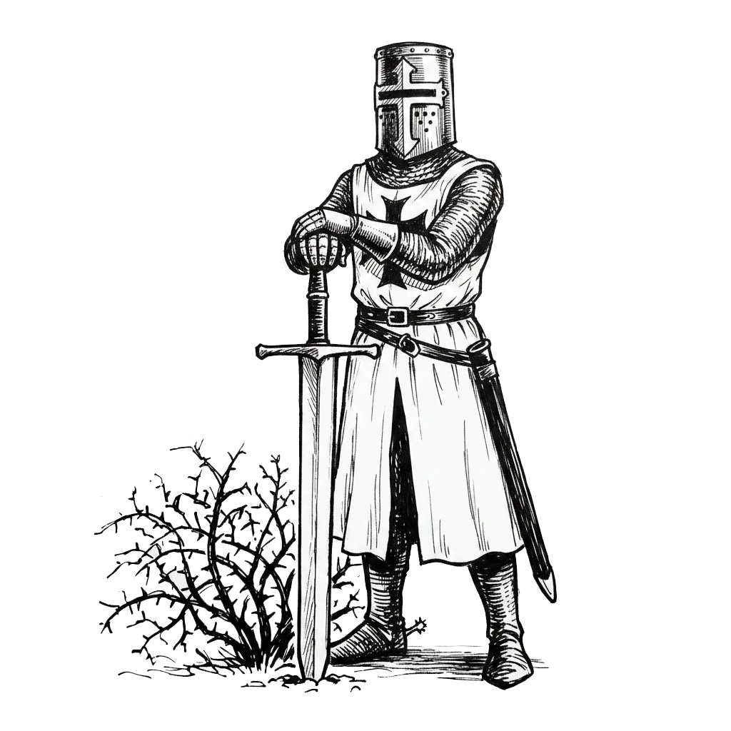 Ein schwarz gerüsteter Ritter versperrt mit dem Schwert den Weg