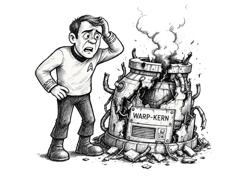Ein Ingenieur hält sich den Kopf vor einem aufgeplatzten, rauchenden Warp-Kern